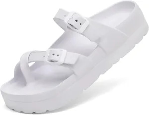 Womens Arch Support Platform Sandals Comfort Slides Thick Soles Flat Sandals With Adjustable Buckle & Ultra Cushion