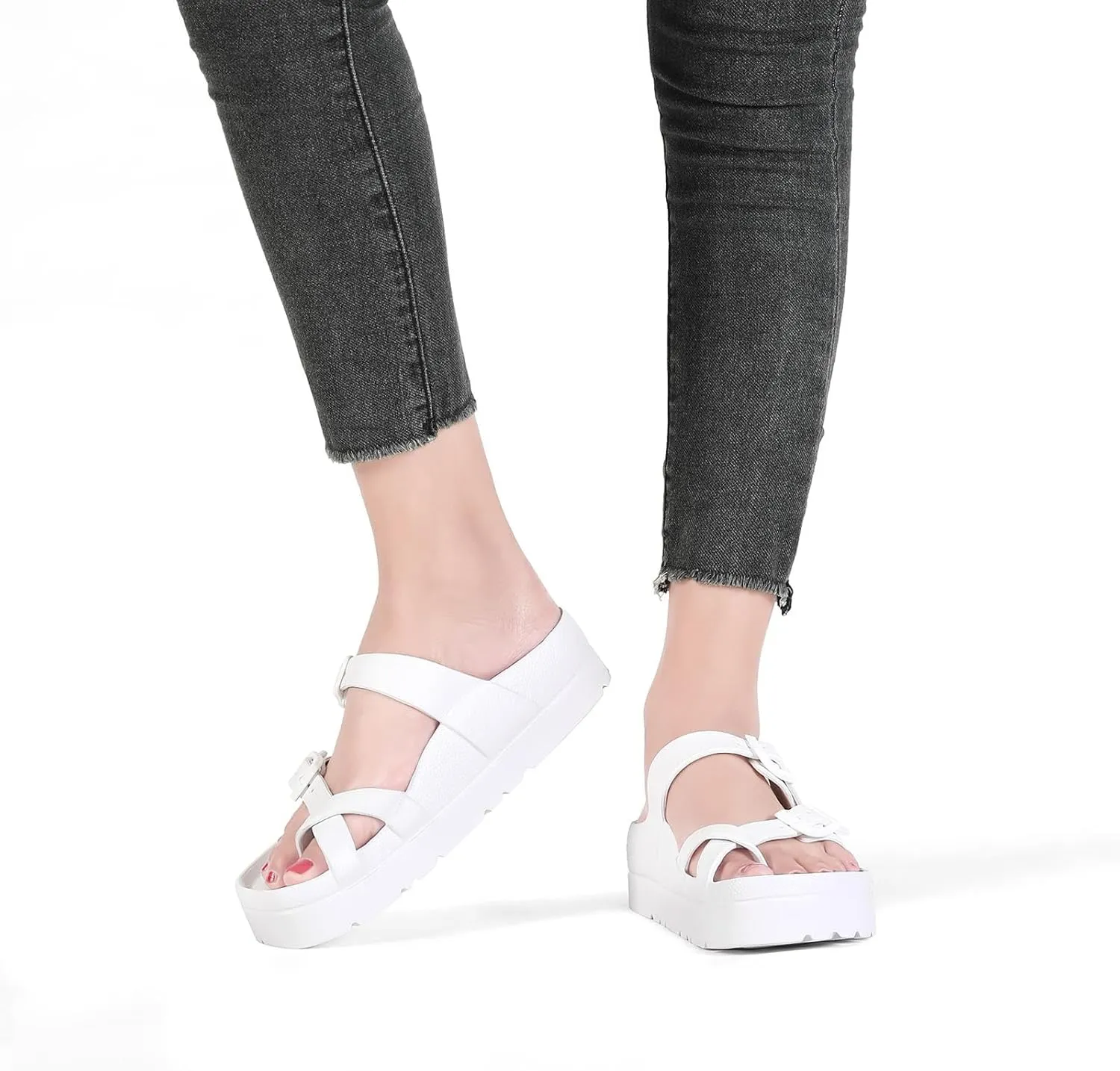 Womens Arch Support Platform Sandals Comfort Slides Thick Soles Flat Sandals With Adjustable Buckle & Ultra Cushion