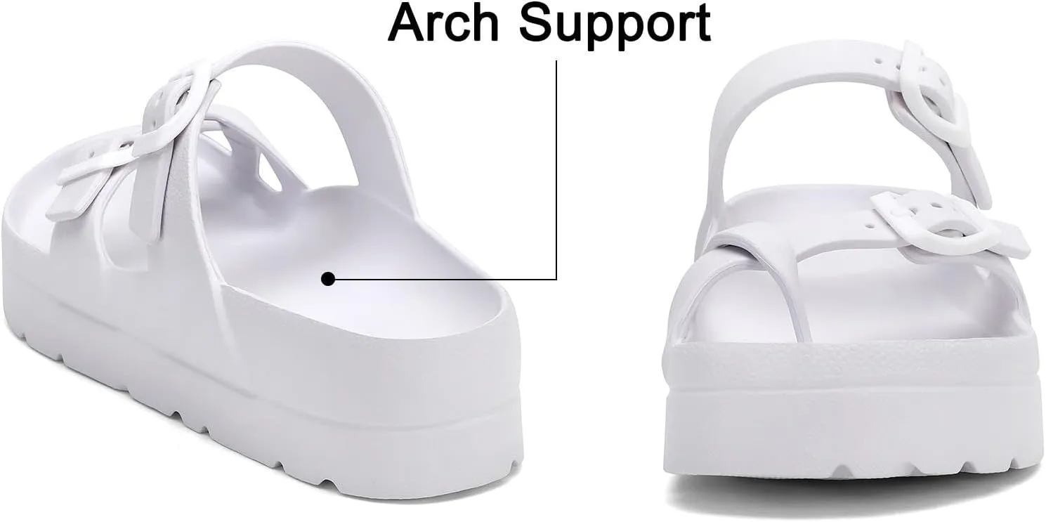 Womens Arch Support Platform Sandals Comfort Slides Thick Soles Flat Sandals With Adjustable Buckle & Ultra Cushion