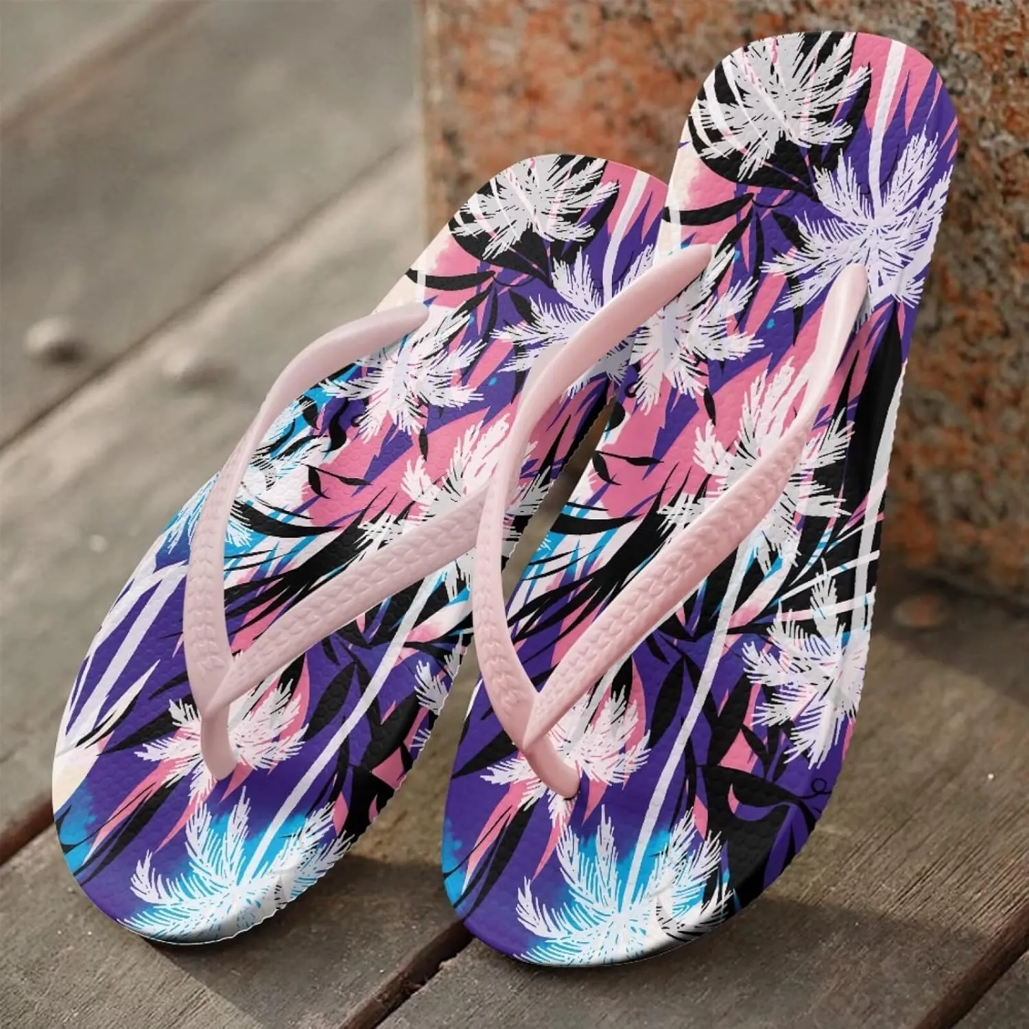 Women's Beach Flip-Flops Tropical Style Lightweight Thong Sandals with EVA Sole Non-Slip Pool Shower Slippers