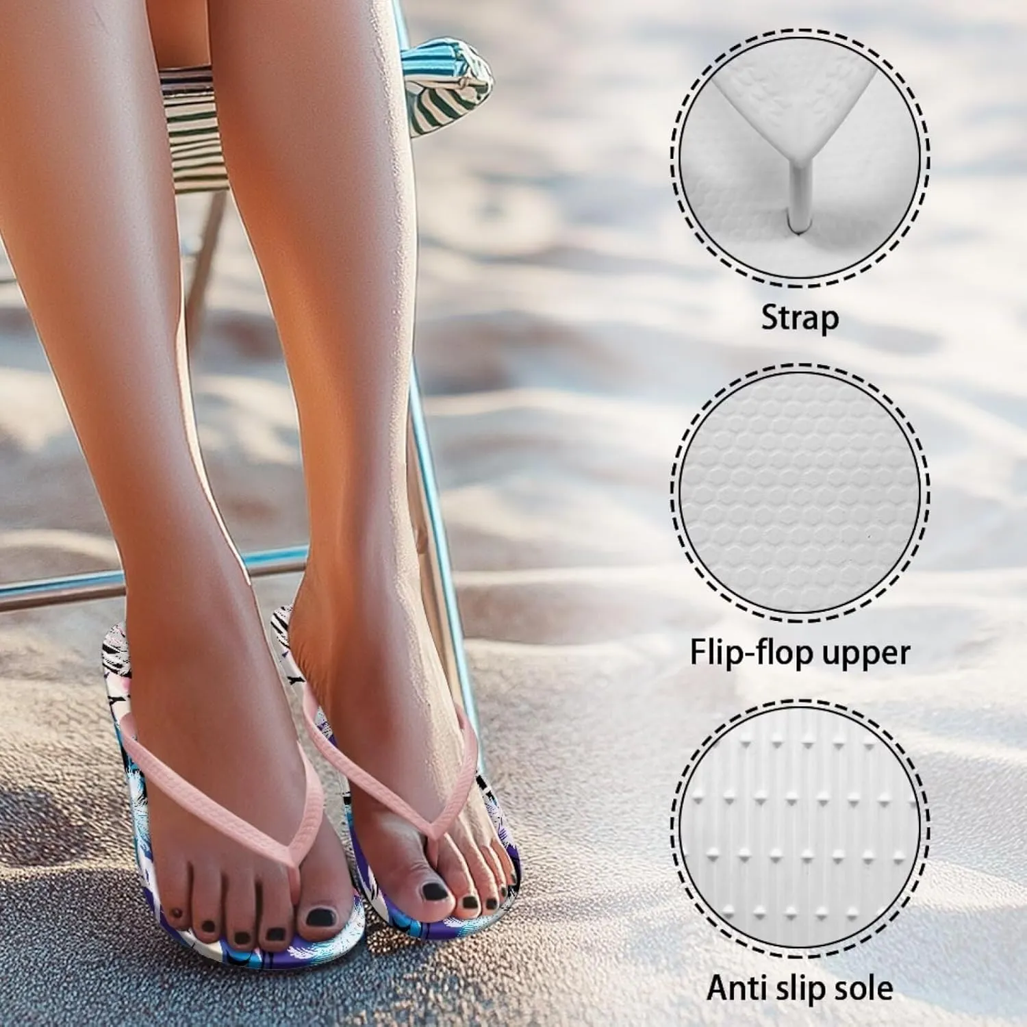 Women's Beach Flip-Flops Tropical Style Lightweight Thong Sandals with EVA Sole Non-Slip Pool Shower Slippers
