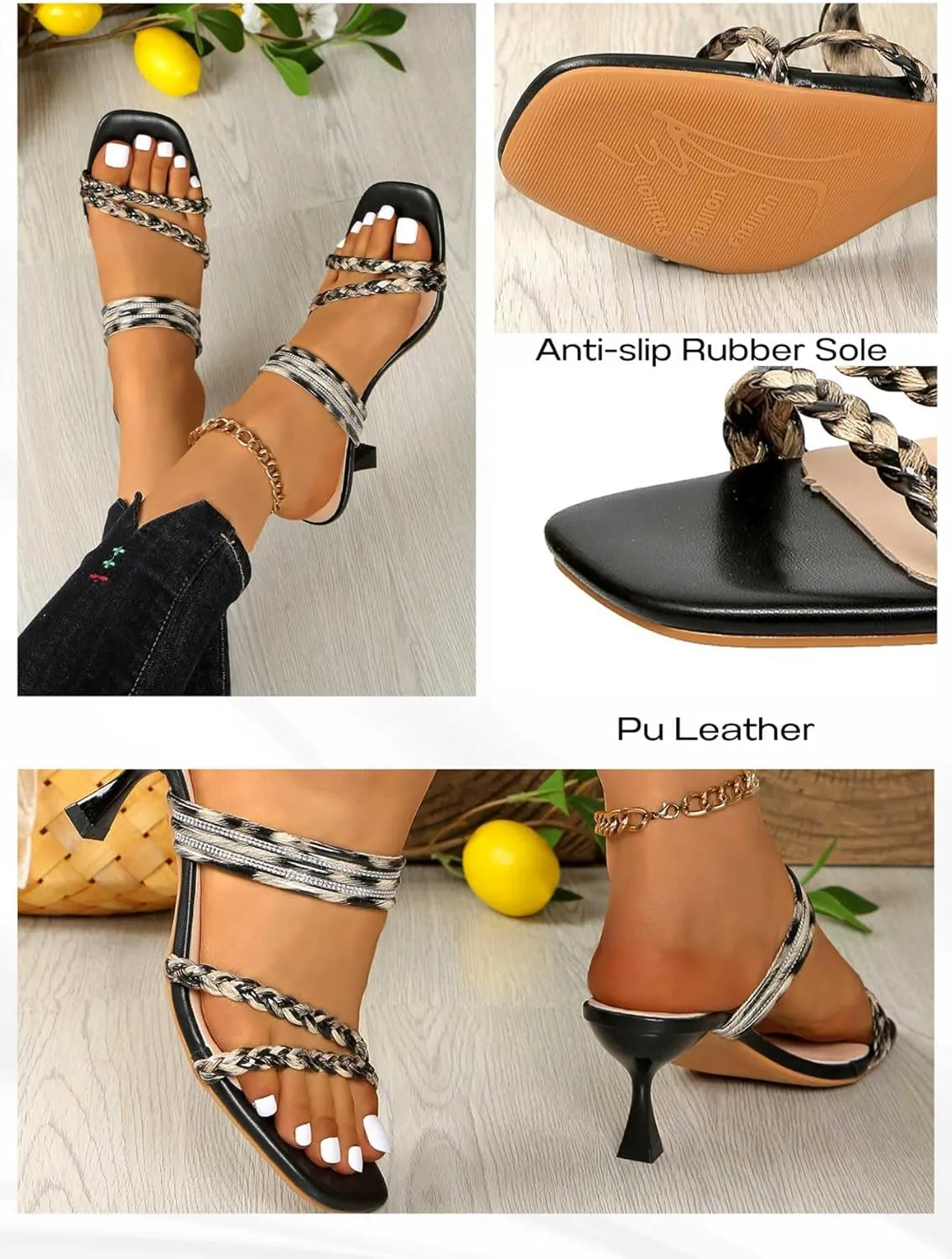 Women's Black Kitten Heel Mule Sandals with Leopard Print Braided and Rhinestone Embellishments | Stylish Footwear for Summer Evenings, Parties & Casual Outings