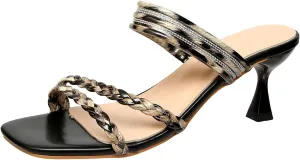 Women's Black Kitten Heel Mule Sandals with Leopard Print Braided and Rhinestone Embellishments | Stylish Footwear for Summer Evenings, Parties & Casual Outings