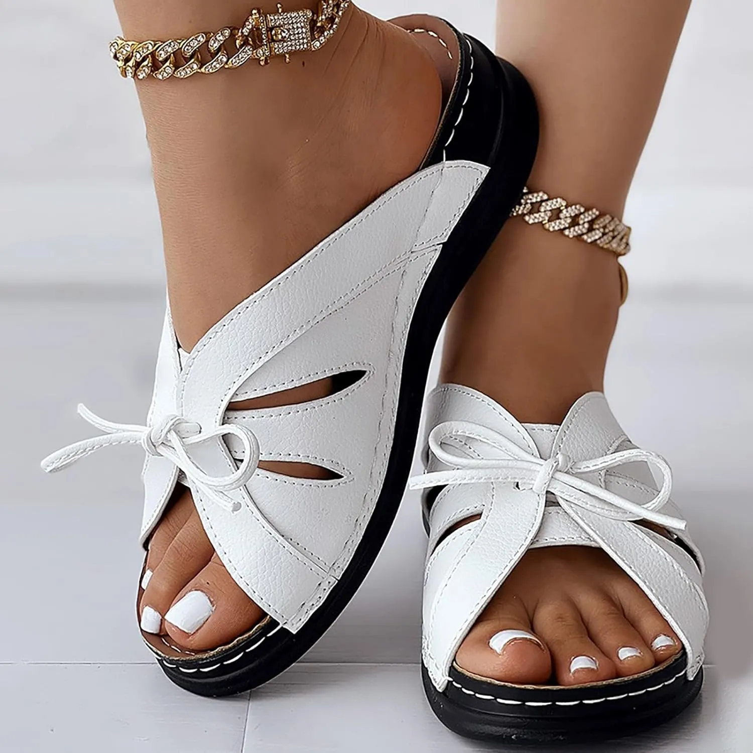 Womens Bohemian Orthopedic Sandals Fashion Hollow Out Bowknot Crossbands Backless Wedge Sandals Comfy House Slide Slippers
