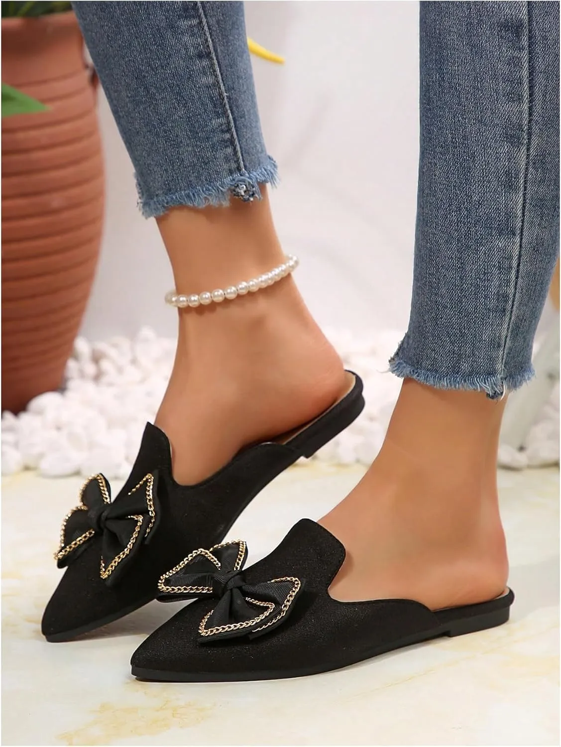 Women's Bow Mules Dressy Pointed Toe Flat Shoes Backless Loafers Slide Sandals Casual Slides Work Shoes