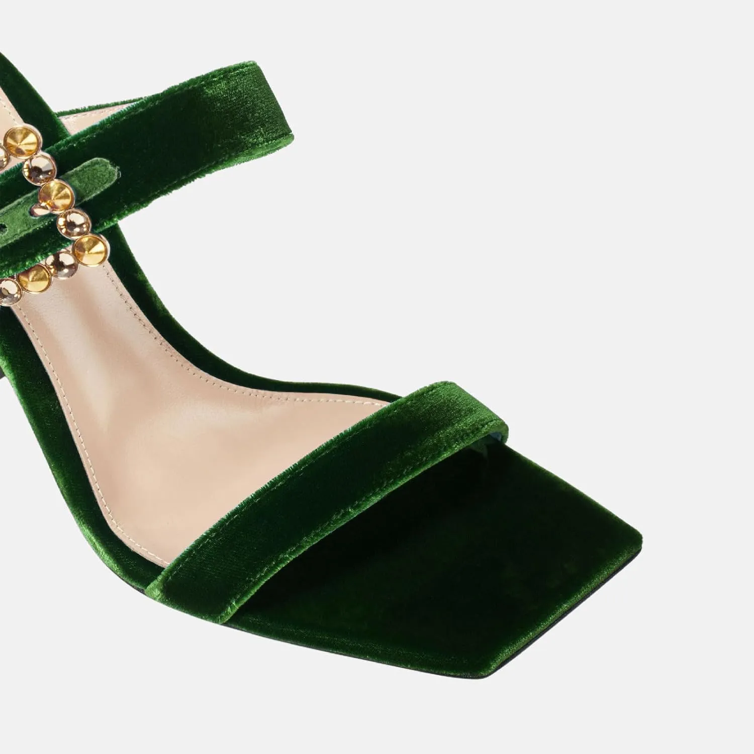 Women's Chic Rhinestones Buckle Square Open Toe Block Heel Slide Sandals Fashion Velvet Fabric Slip On High Chunky Heel Summer Mules Prom Party Heeled Sandals for Women