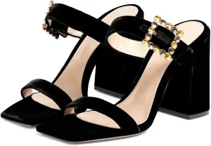 Women's Chic Rhinestones Buckle Square Open Toe Block Heel Slide Sandals Fashion Velvet Fabric Slip On High Chunky Heel Summer Mules Prom Party Heeled Sandals for Women