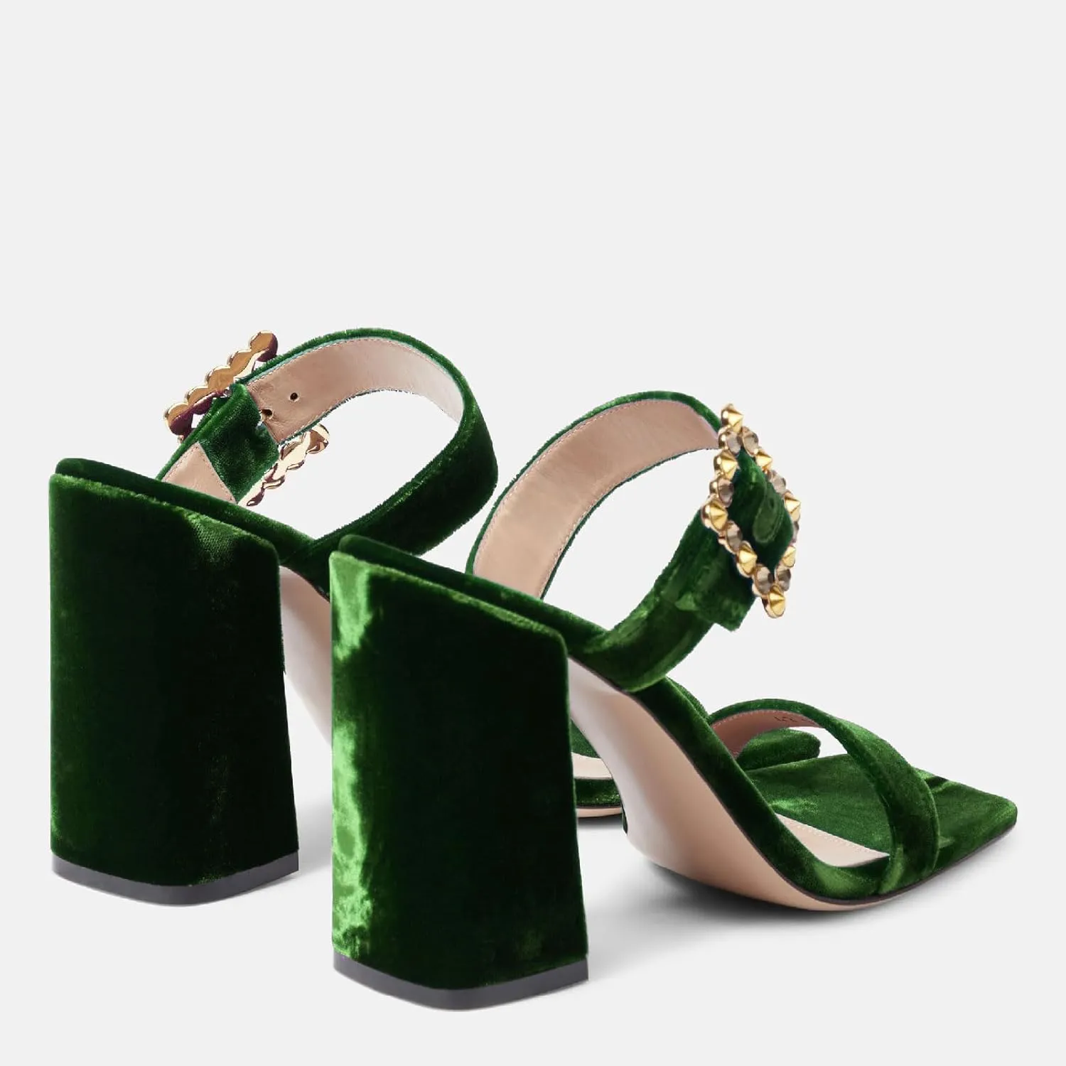 Women's Chic Rhinestones Buckle Square Open Toe Block Heel Slide Sandals Fashion Velvet Fabric Slip On High Chunky Heel Summer Mules Prom Party Heeled Sandals for Women