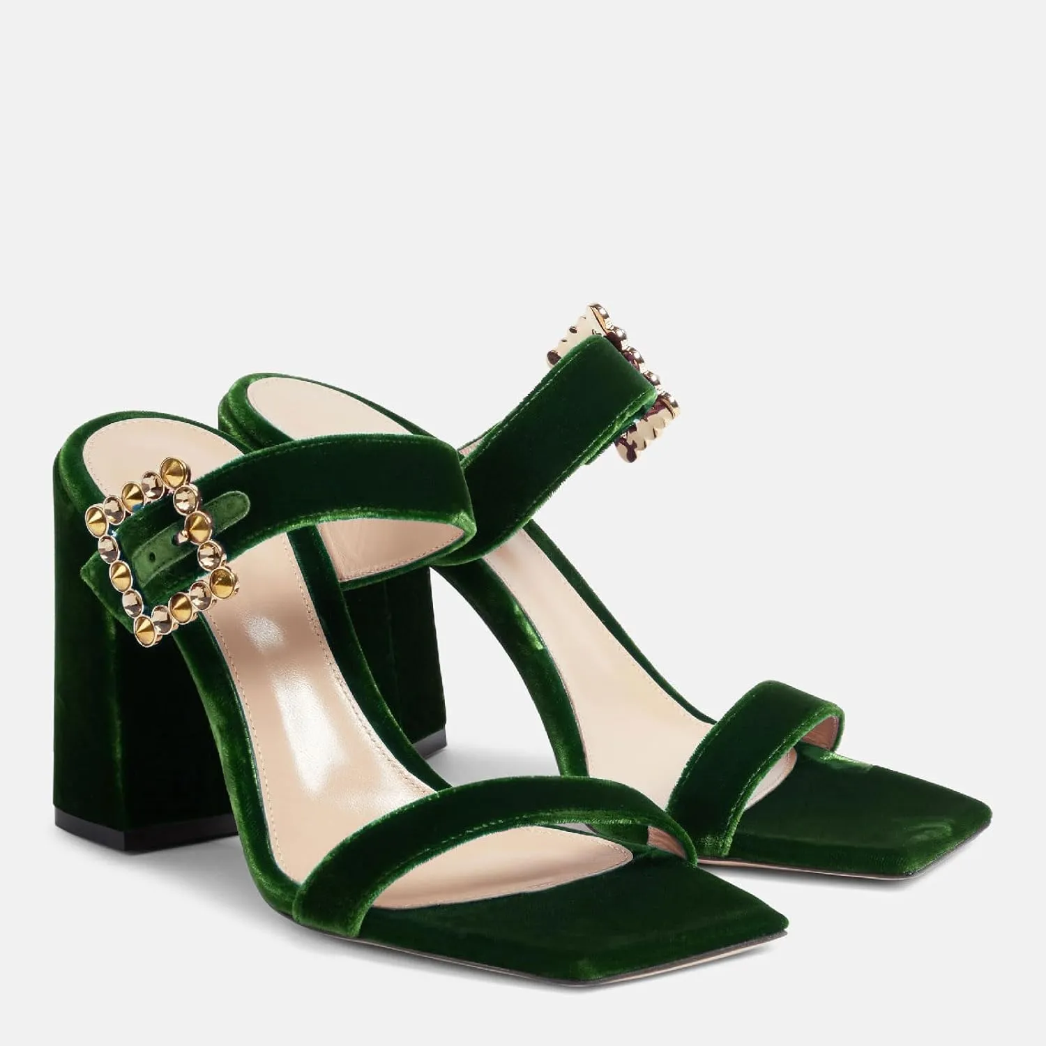 Women's Chic Rhinestones Buckle Square Open Toe Block Heel Slide Sandals Fashion Velvet Fabric Slip On High Chunky Heel Summer Mules Prom Party Heeled Sandals for Women
