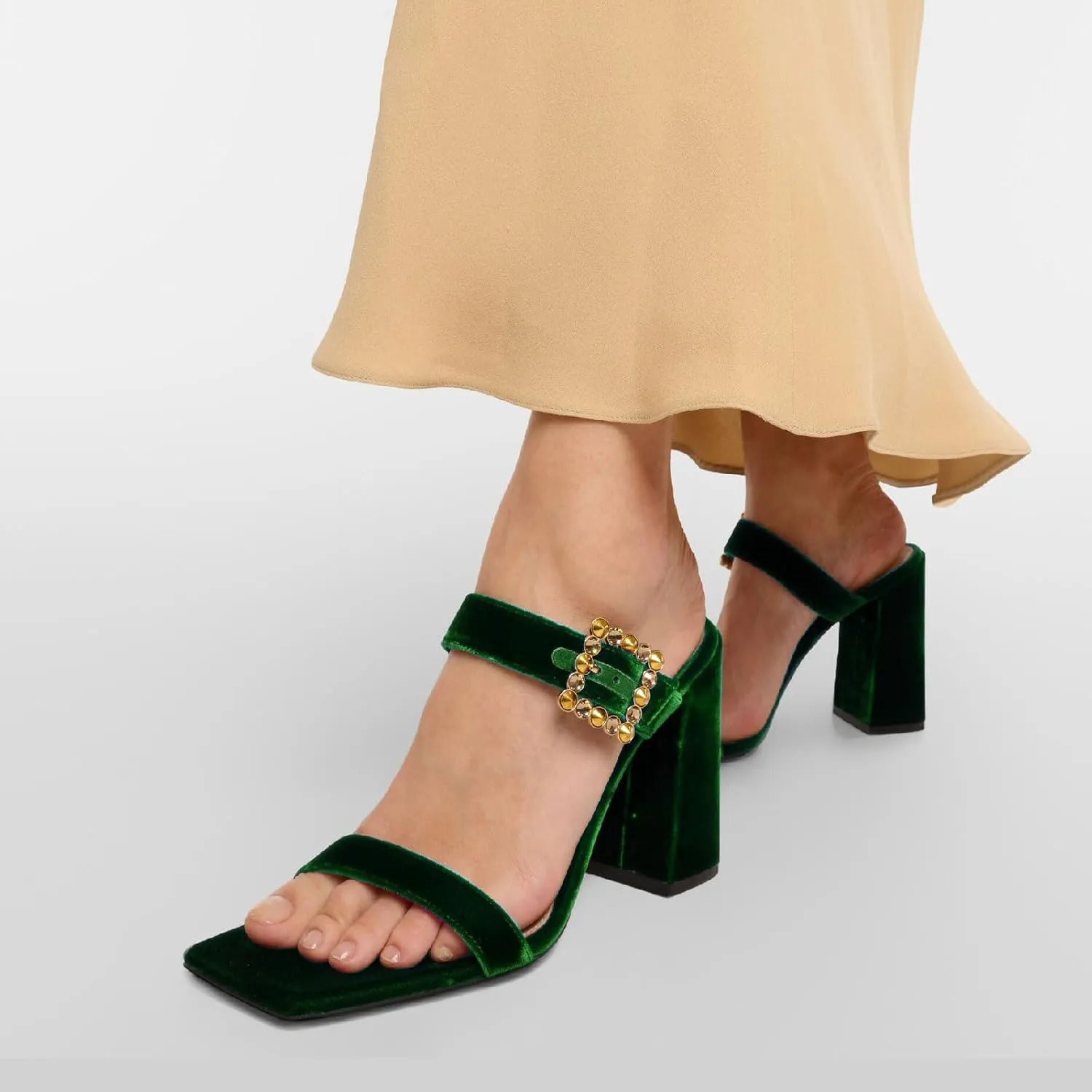 Women's Chic Rhinestones Buckle Square Open Toe Block Heel Slide Sandals Fashion Velvet Fabric Slip On High Chunky Heel Summer Mules Prom Party Heeled Sandals for Women