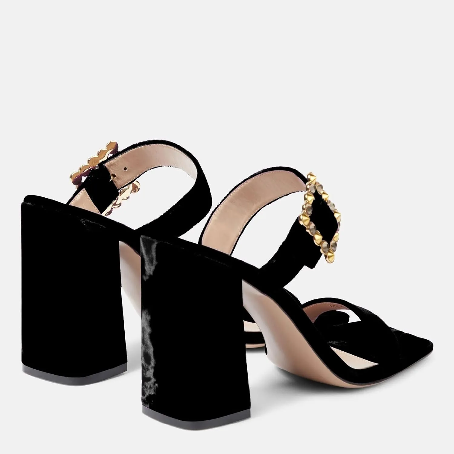 Women's Chic Rhinestones Buckle Square Open Toe Block Heel Slide Sandals Fashion Velvet Fabric Slip On High Chunky Heel Summer Mules Prom Party Heeled Sandals for Women