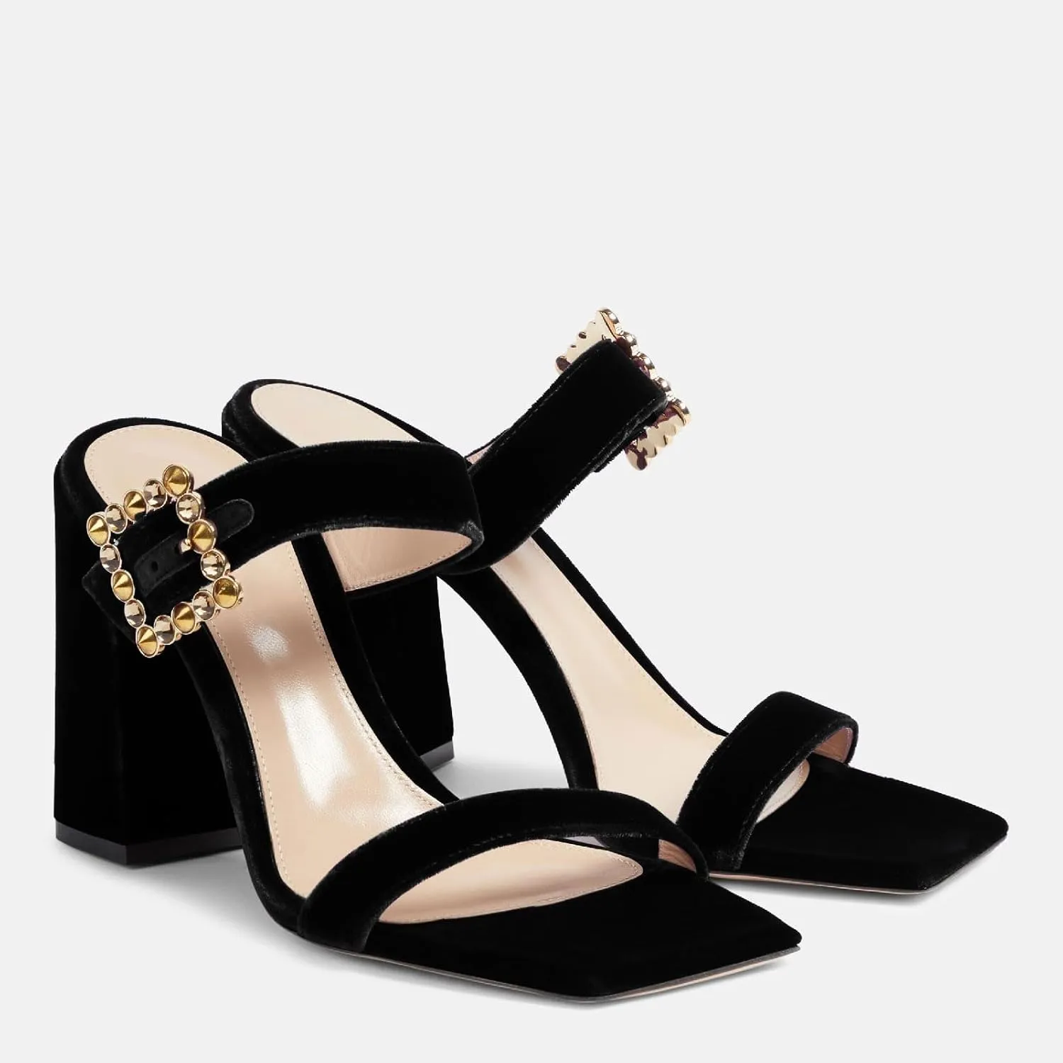 Women's Chic Rhinestones Buckle Square Open Toe Block Heel Slide Sandals Fashion Velvet Fabric Slip On High Chunky Heel Summer Mules Prom Party Heeled Sandals for Women