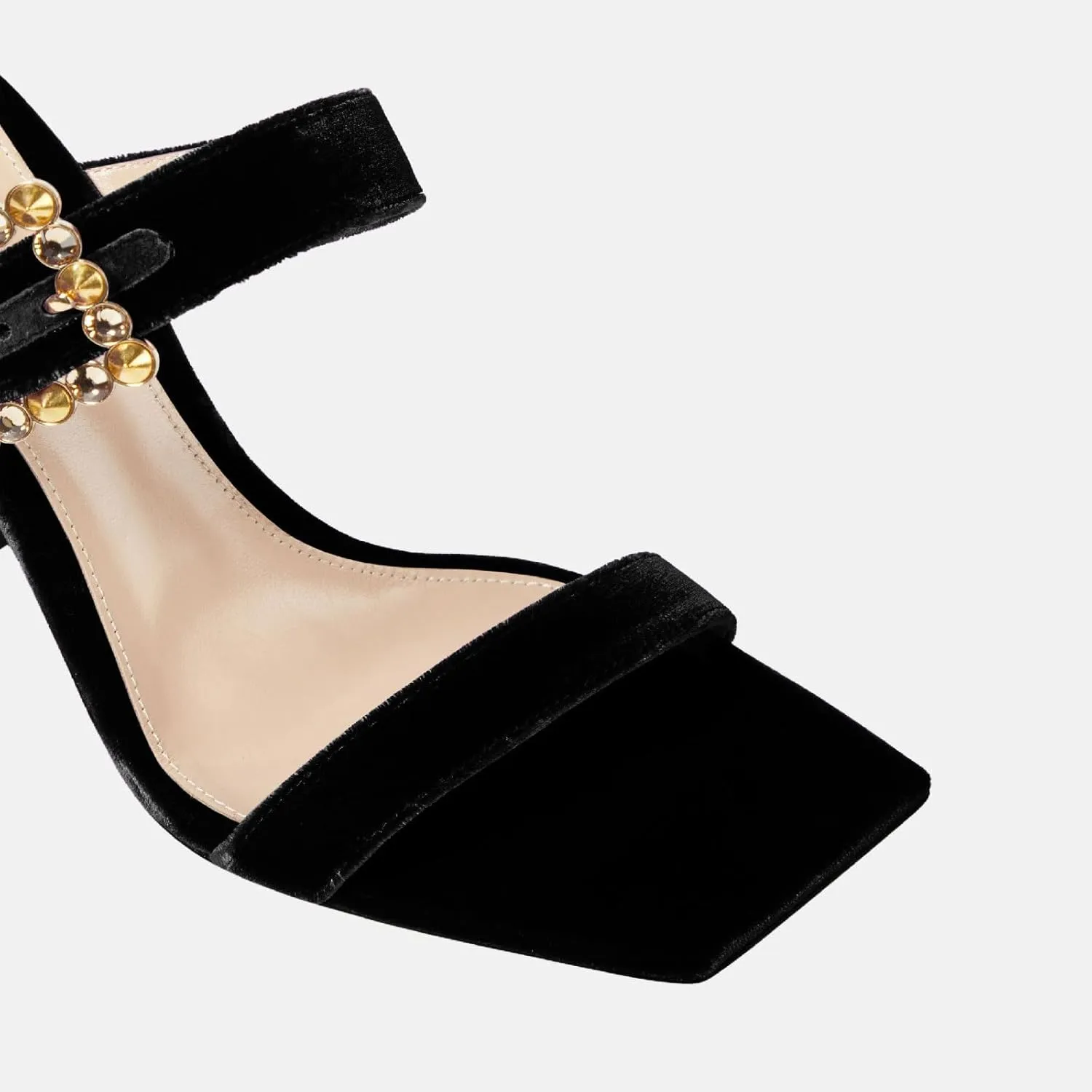 Women's Chic Rhinestones Buckle Square Open Toe Block Heel Slide Sandals Fashion Velvet Fabric Slip On High Chunky Heel Summer Mules Prom Party Heeled Sandals for Women