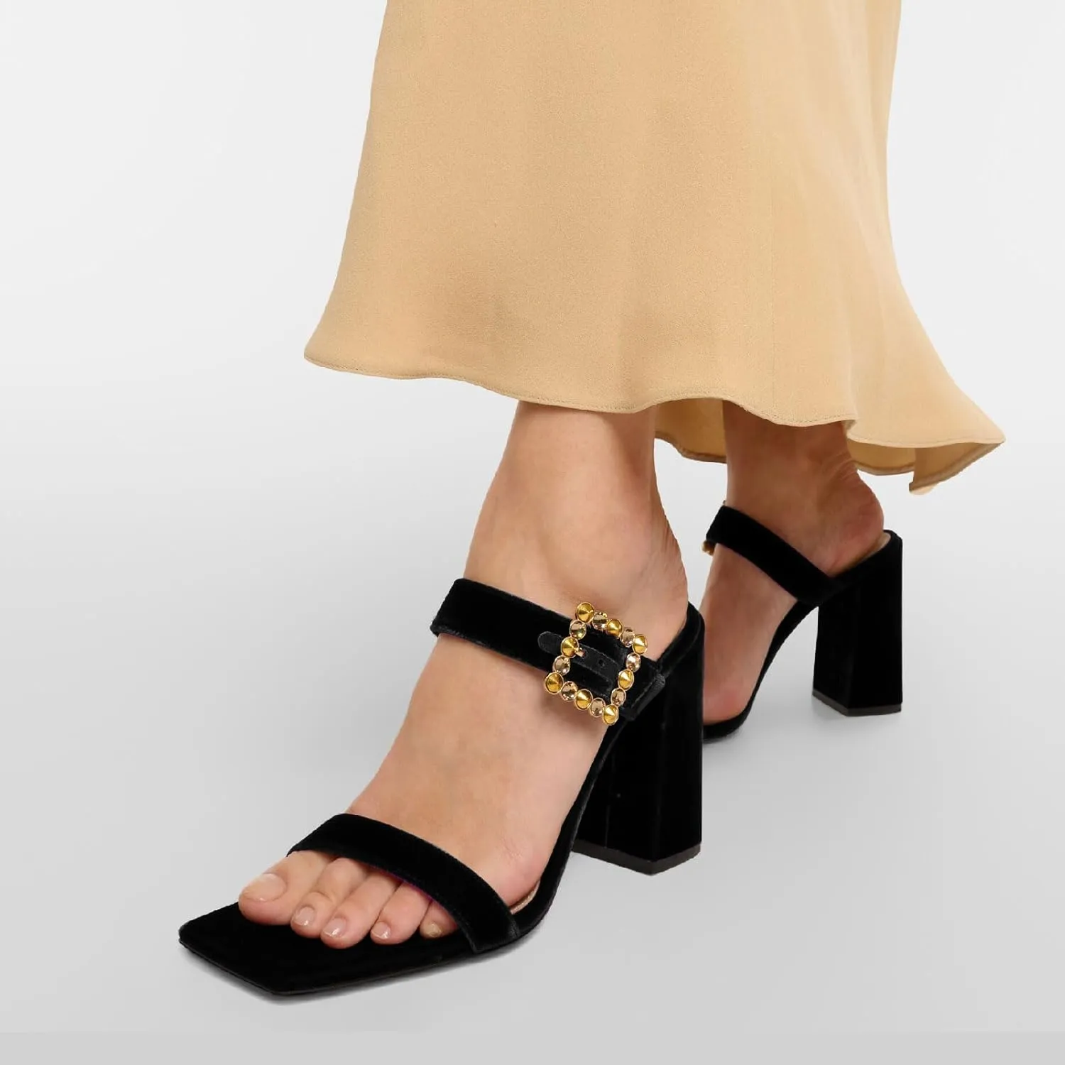 Women's Chic Rhinestones Buckle Square Open Toe Block Heel Slide Sandals Fashion Velvet Fabric Slip On High Chunky Heel Summer Mules Prom Party Heeled Sandals for Women