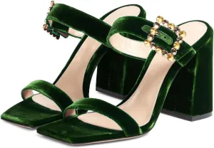 Women's Chic Rhinestones Buckle Square Open Toe Block Heel Slide Sandals Fashion Velvet Fabric Slip On High Chunky Heel Summer Mules Prom Party Heeled Sandals for Women
