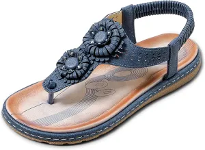 Women's Chic Thong Flip Flops - Floral Accented Slingbacks with Soft Wide Strap & Ornamental Cutouts