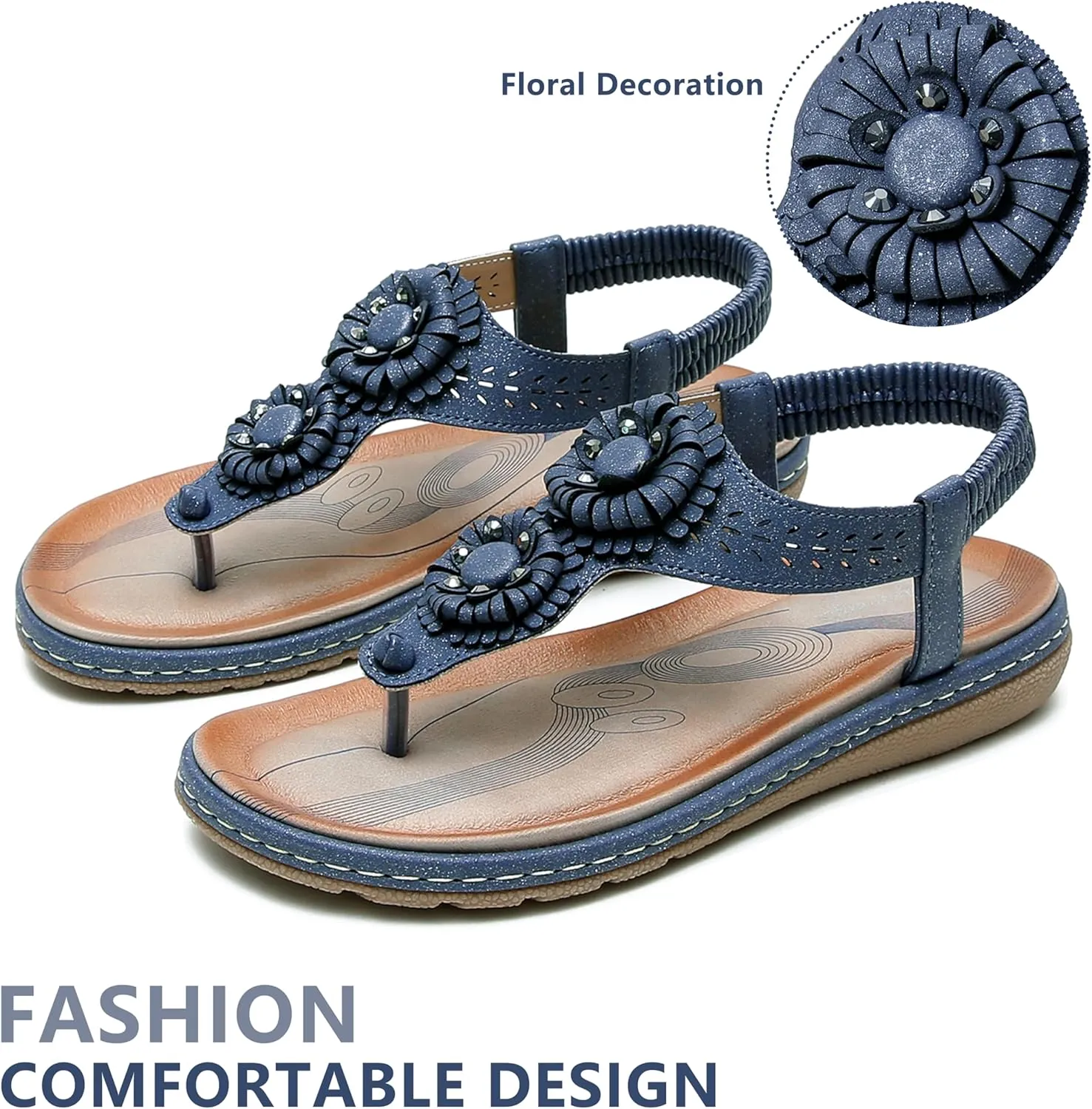 Women's Chic Thong Flip Flops - Floral Accented Slingbacks with Soft Wide Strap & Ornamental Cutouts