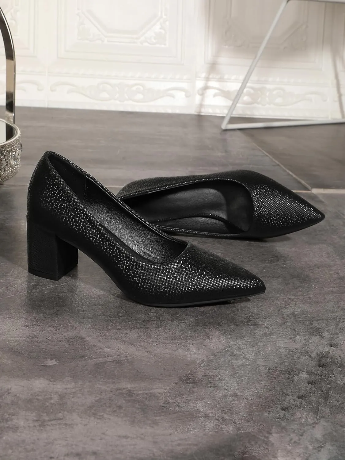 Women's Chunky Block Heel Glitter Pointed Toe Classic Work Dress Pumps Slip On Closed Toe Mid Heels for Women Office Wedding Party Daily Ladies Shoes 2.36 Inch