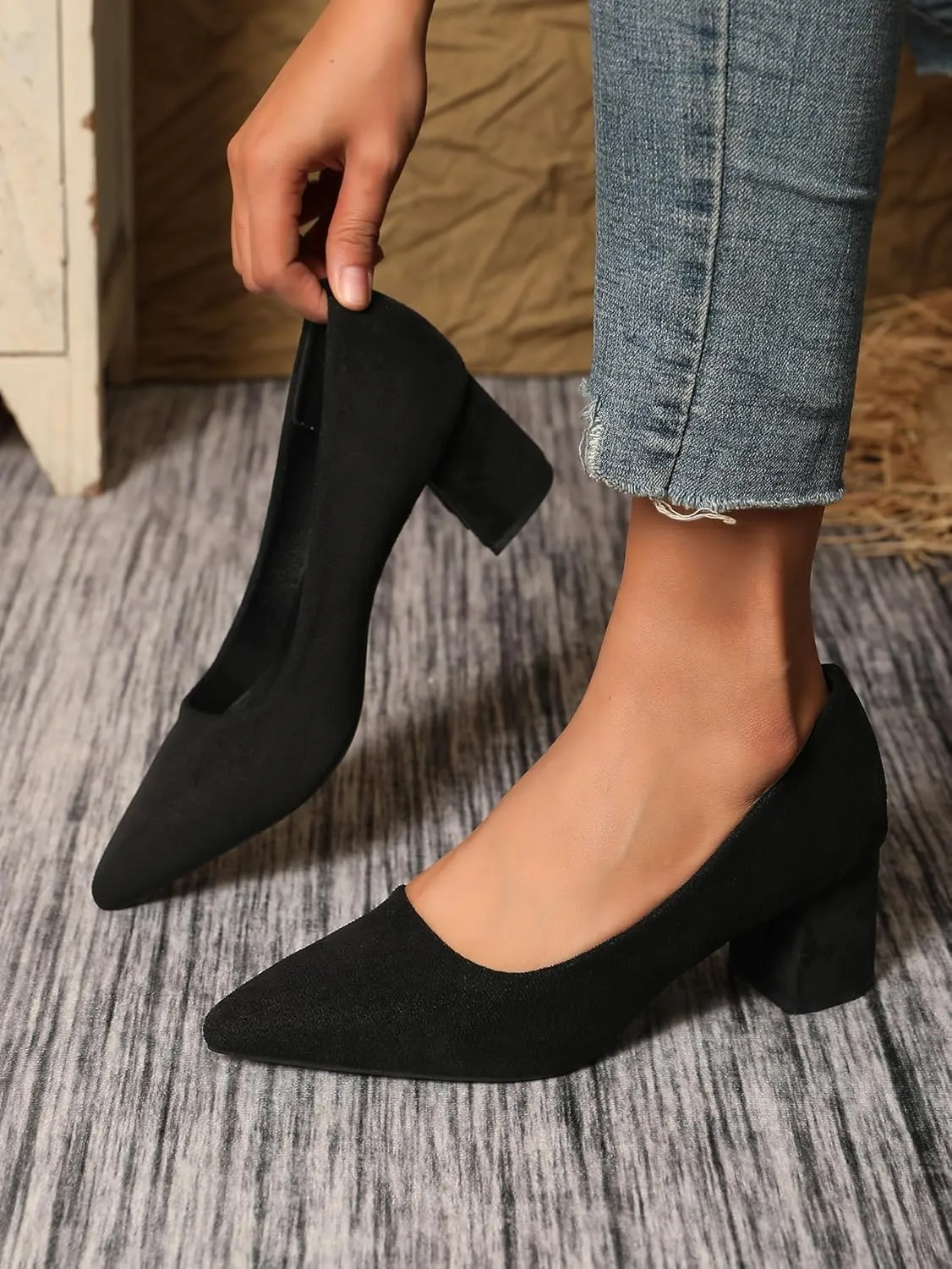 Women's Chunky Block Heel Glitter Pointed Toe Classic Work Dress Pumps Slip On Closed Toe Mid Heels for Women Office Wedding Party Daily Ladies Shoes 2.36 Inch