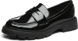 Women's Chunky Platform Loafers with Chain or Buckle Patent Leather Black Penny Loafers Fashion Office Shoes School Dress Shoes Comfort Slip-on