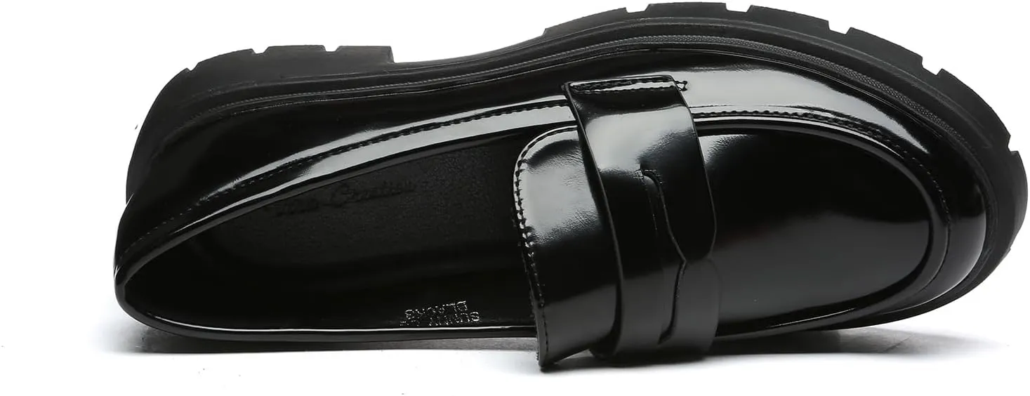 Women's Chunky Platform Loafers with Chain or Buckle Patent Leather Black Penny Loafers Fashion Office Shoes School Dress Shoes Comfort Slip-on