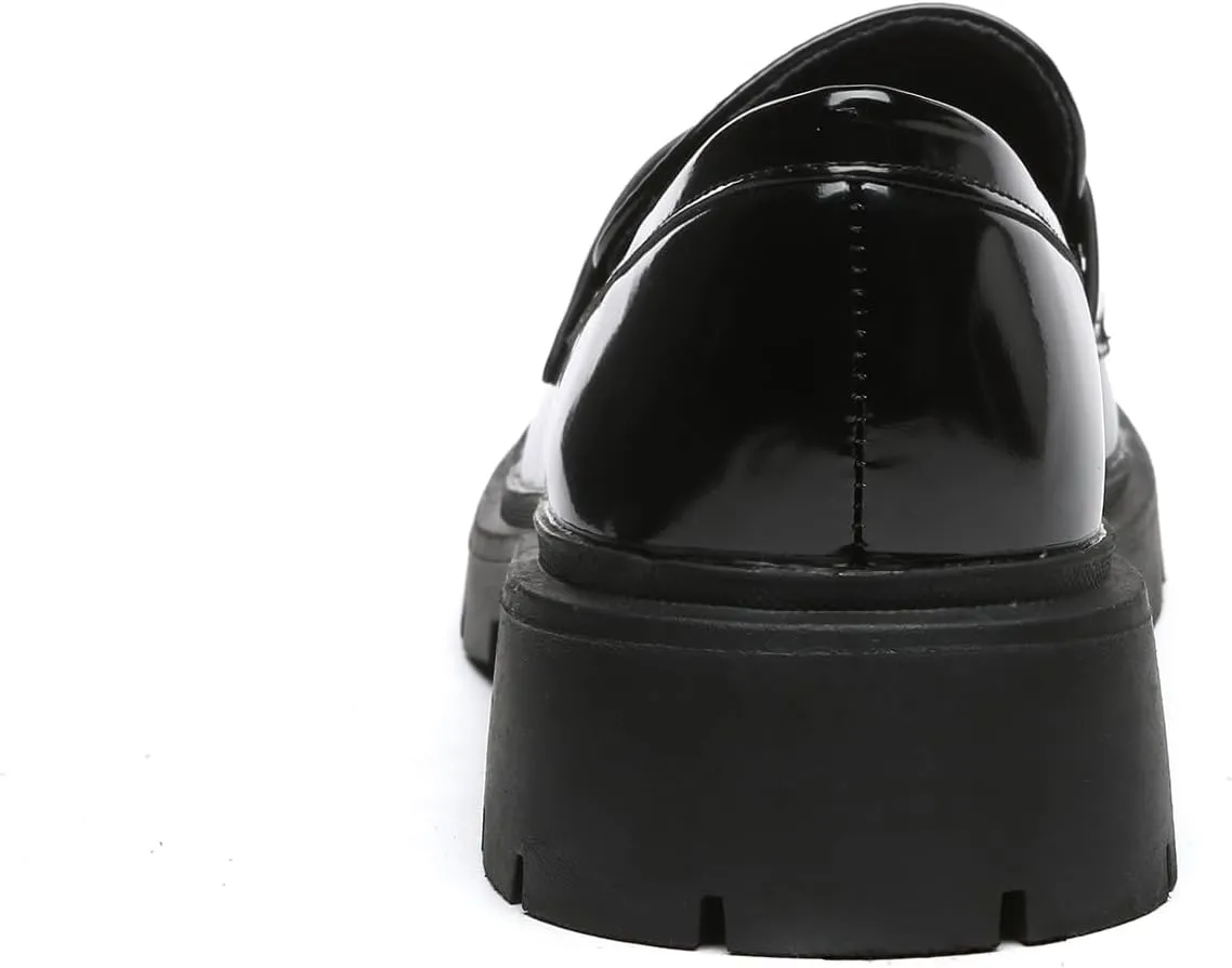 Women's Chunky Platform Loafers with Chain or Buckle Patent Leather Black Penny Loafers Fashion Office Shoes School Dress Shoes Comfort Slip-on