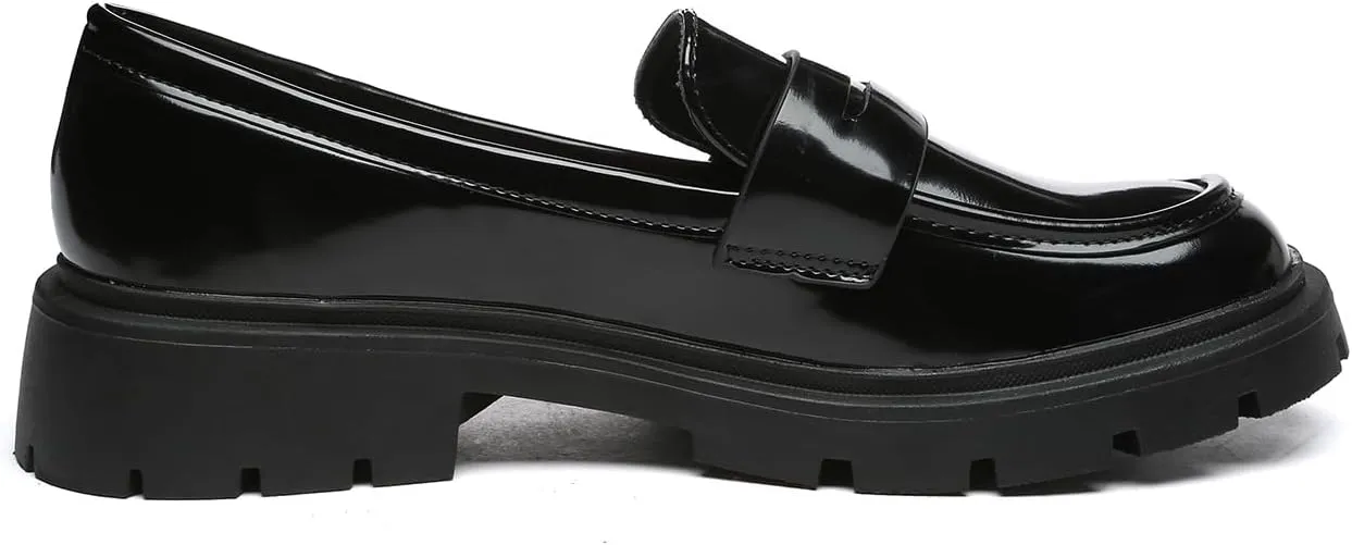 Women's Chunky Platform Loafers with Chain or Buckle Patent Leather Black Penny Loafers Fashion Office Shoes School Dress Shoes Comfort Slip-on