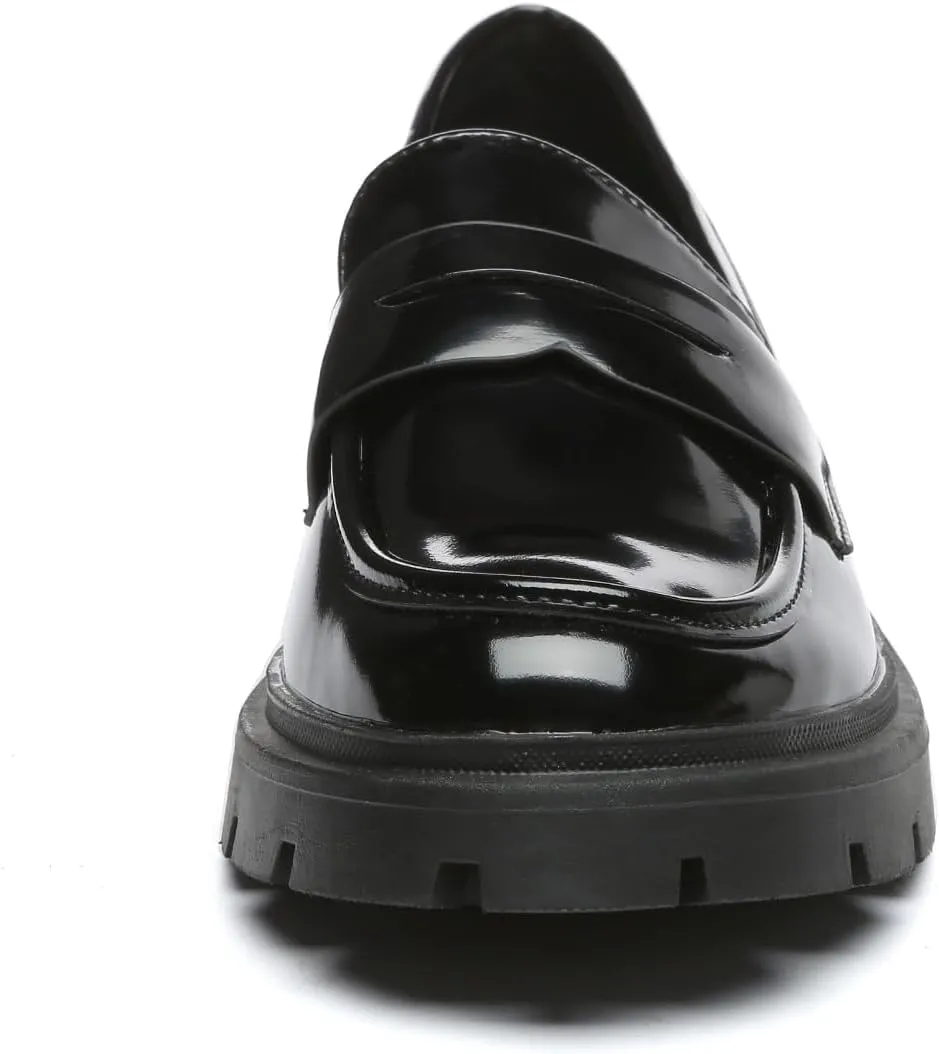Women's Chunky Platform Loafers with Chain or Buckle Patent Leather Black Penny Loafers Fashion Office Shoes School Dress Shoes Comfort Slip-on