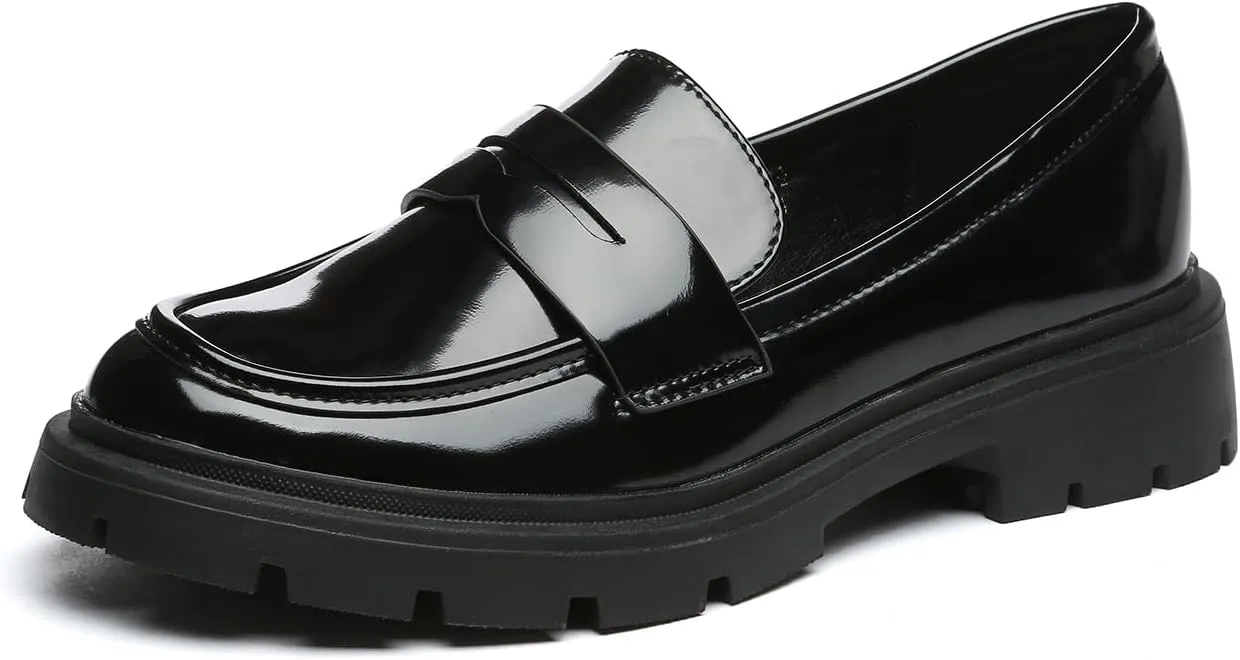 Women's Chunky Platform Loafers with Chain or Buckle Patent Leather Black Penny Loafers Fashion Office Shoes School Dress Shoes Comfort Slip-on