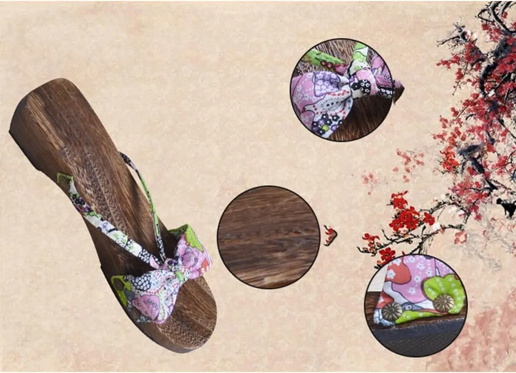 Women's Clogs Japanese Style Slippers,Japanese Traditional Style Casual Sandals,Summer Thick Soled Wooden Non Slip High Heels,Dance Kimono Shoes