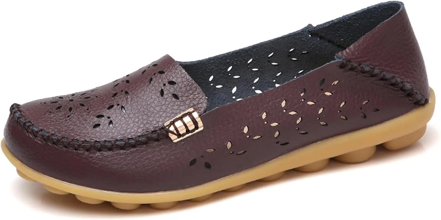 Women's Comfort Walking Boat Shoe Slip on Flat Shoes Ladies Dressy Moccasins Driving Penny Loafers Leather Breathable On Nurse Loafer Round Toe Wild Fashion Soft Orthopedic Sole Flats Casual