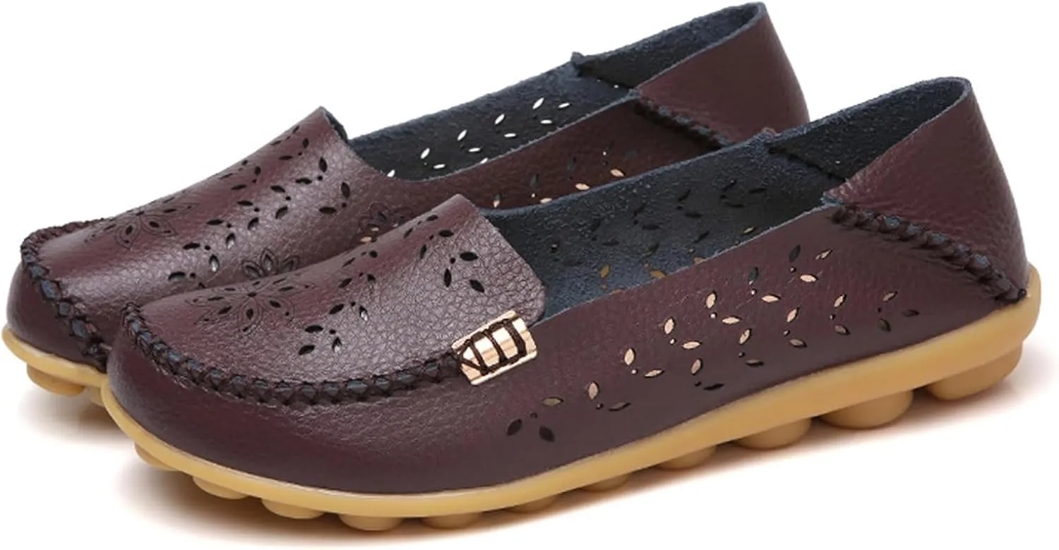 Women's Comfort Walking Boat Shoe Slip on Flat Shoes Ladies Dressy Moccasins Driving Penny Loafers Leather Breathable On Nurse Loafer Round Toe Wild Fashion Soft Orthopedic Sole Flats Casual