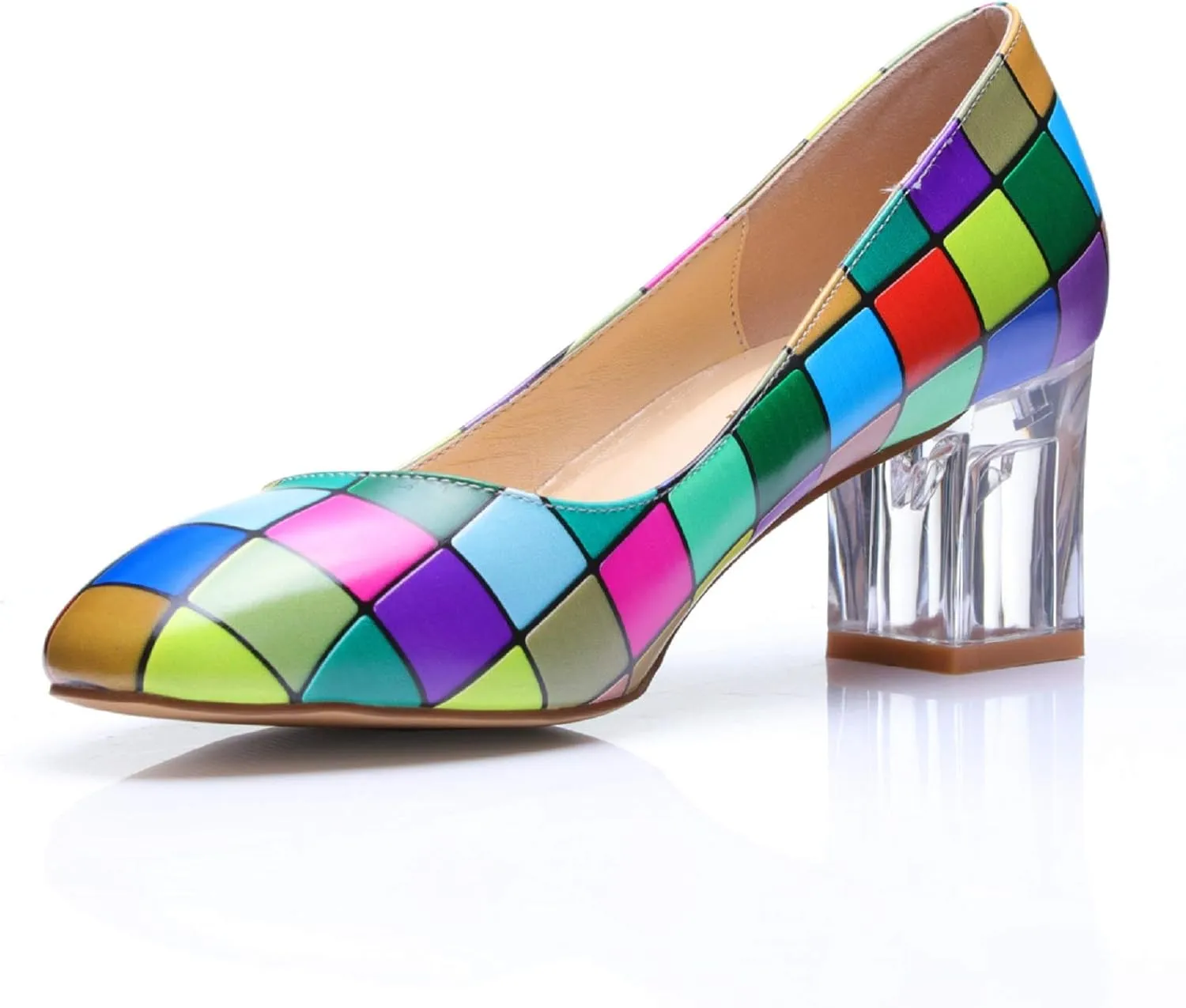 Women's Comfortable Clear Block Mid Heels Blue Squares Printed Round Toe Chic Pumps Shoes