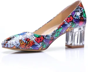 Women's Comfortable Clear Block Mid Heels Blue Squares Printed Round Toe Chic Pumps Shoes