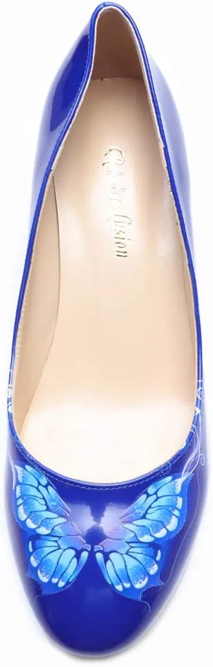 Women's Comfortable Clear Block Mid Heels Blue Squares Printed Round Toe Chic Pumps Shoes
