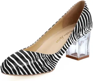 Women's Comfortable Clear Block Mid Heels Blue Squares Printed Round Toe Chic Pumps Shoes