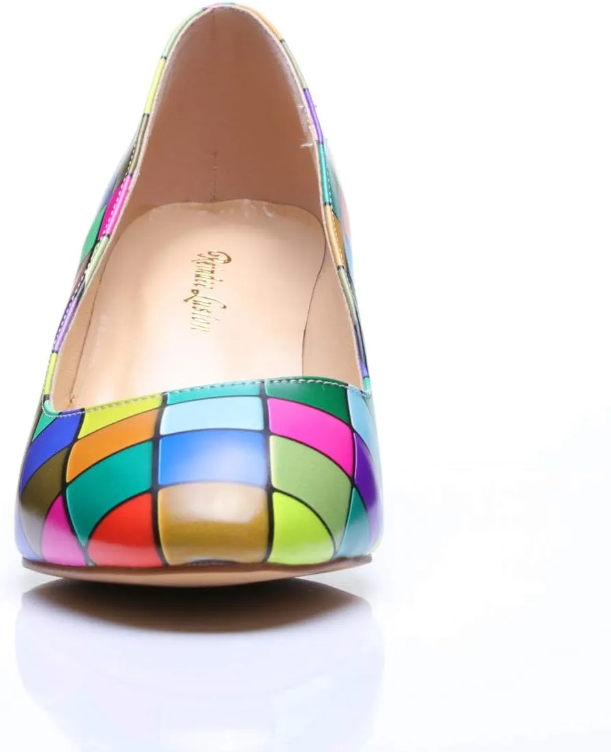 Women's Comfortable Clear Block Mid Heels Blue Squares Printed Round Toe Chic Pumps Shoes