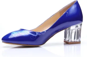Women's Comfortable Clear Block Mid Heels Blue Squares Printed Round Toe Chic Pumps Shoes