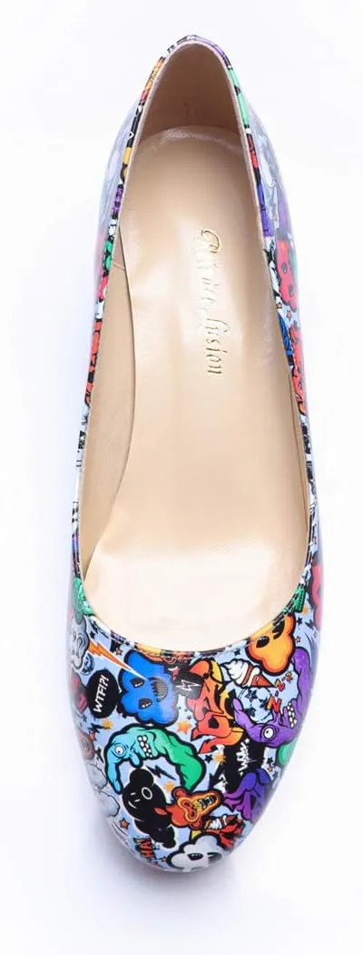 Women's Comfortable Clear Block Mid Heels Blue Squares Printed Round Toe Chic Pumps Shoes