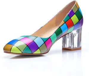 Women's Comfortable Clear Block Mid Heels Blue Squares Printed Round Toe Chic Pumps Shoes