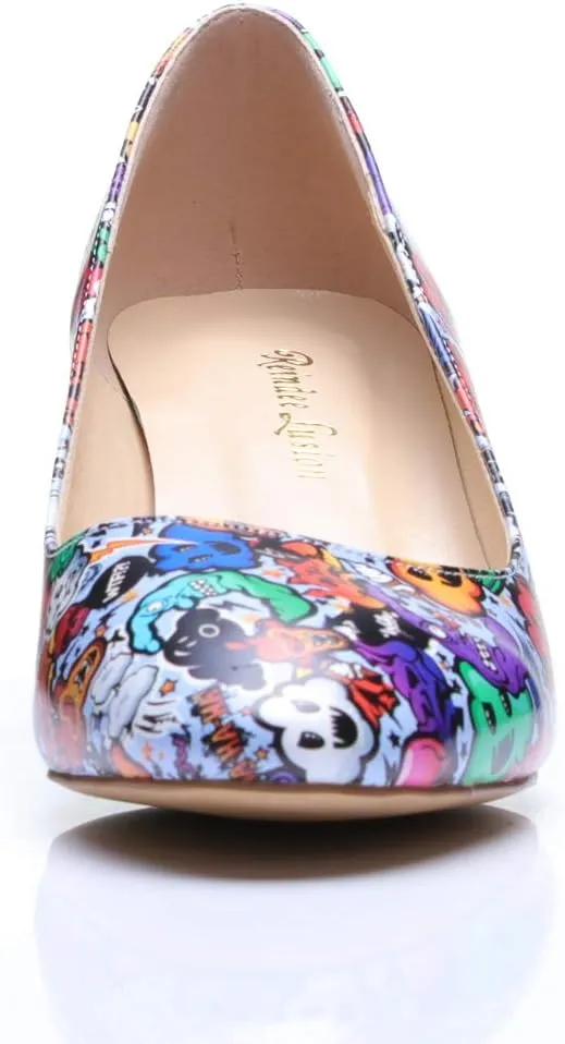 Women's Comfortable Clear Block Mid Heels Blue Squares Printed Round Toe Chic Pumps Shoes