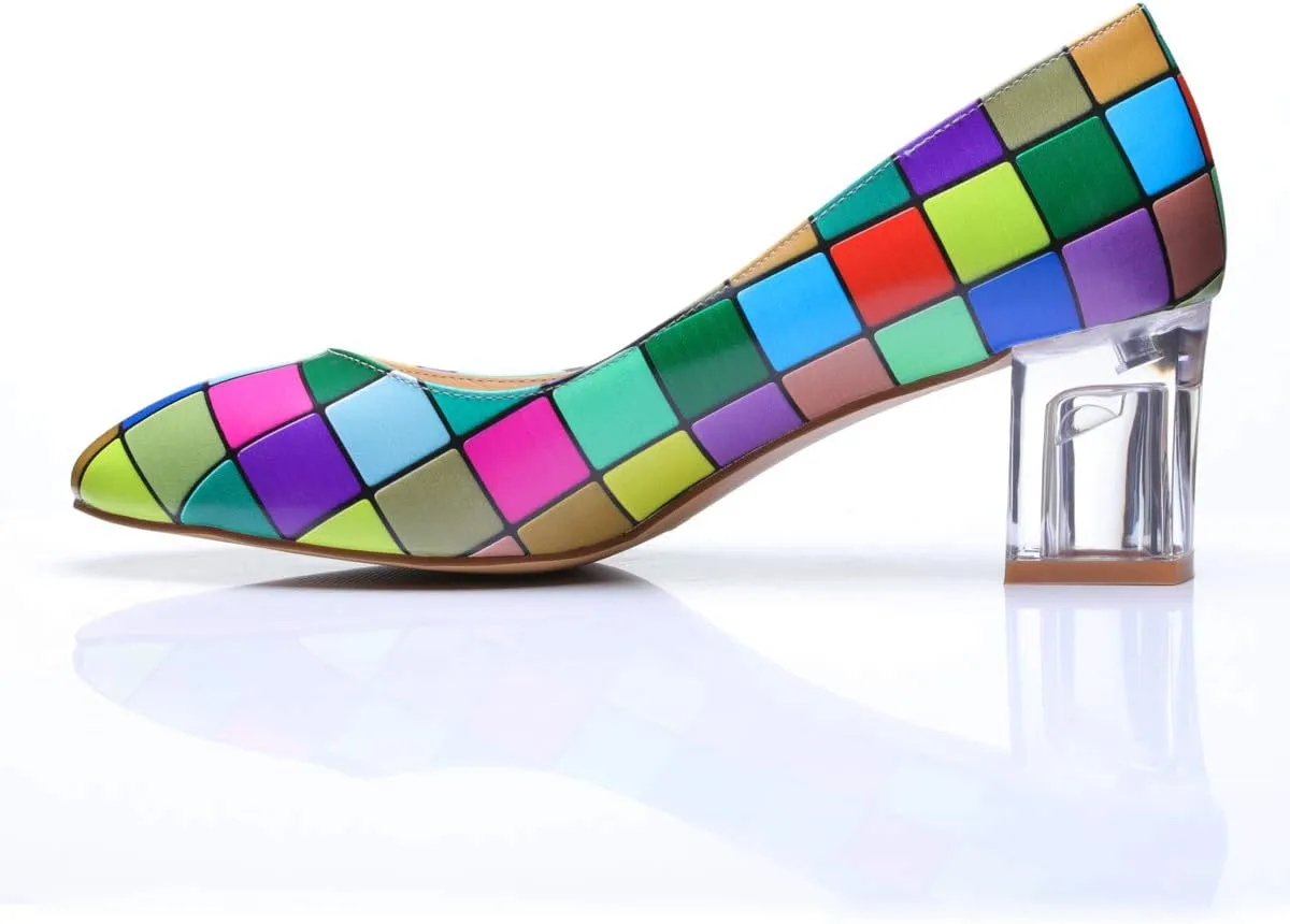 Women's Comfortable Clear Block Mid Heels Blue Squares Printed Round Toe Chic Pumps Shoes