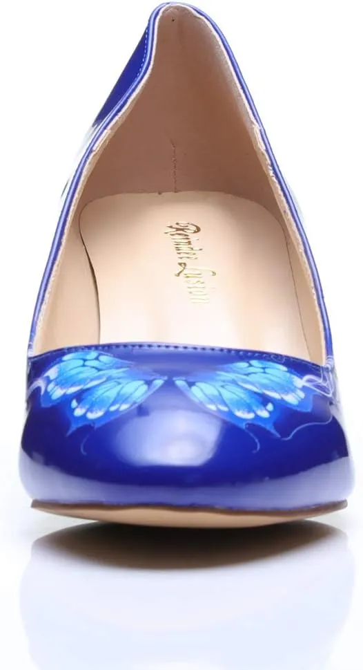 Women's Comfortable Clear Block Mid Heels Blue Squares Printed Round Toe Chic Pumps Shoes