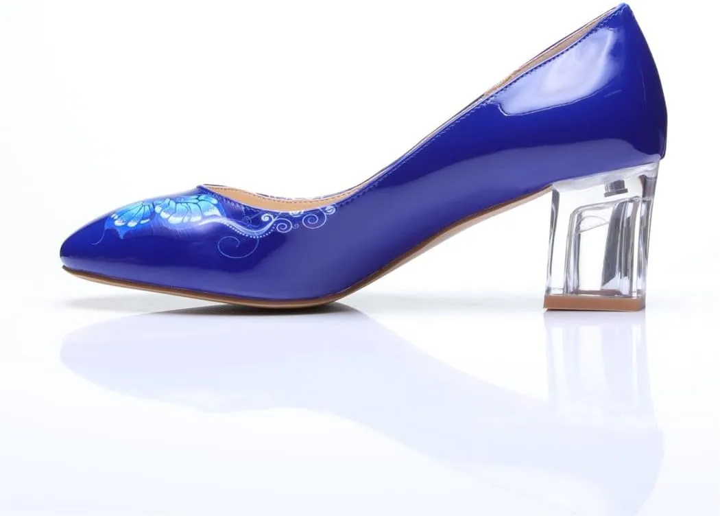 Women's Comfortable Clear Block Mid Heels Blue Squares Printed Round Toe Chic Pumps Shoes