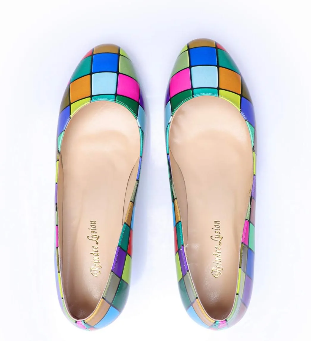 Women's Comfortable Clear Block Mid Heels Blue Squares Printed Round Toe Chic Pumps Shoes
