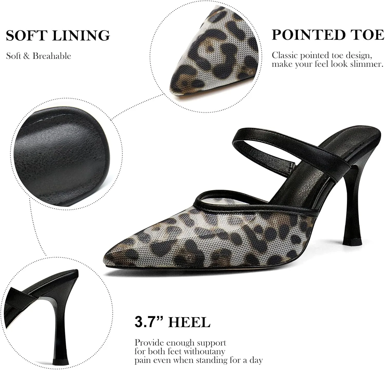 Women's Comfortable Mesh Mule Heels - Pointed Toe, Arch Support & Memory Foam Insole for All-Day Wear