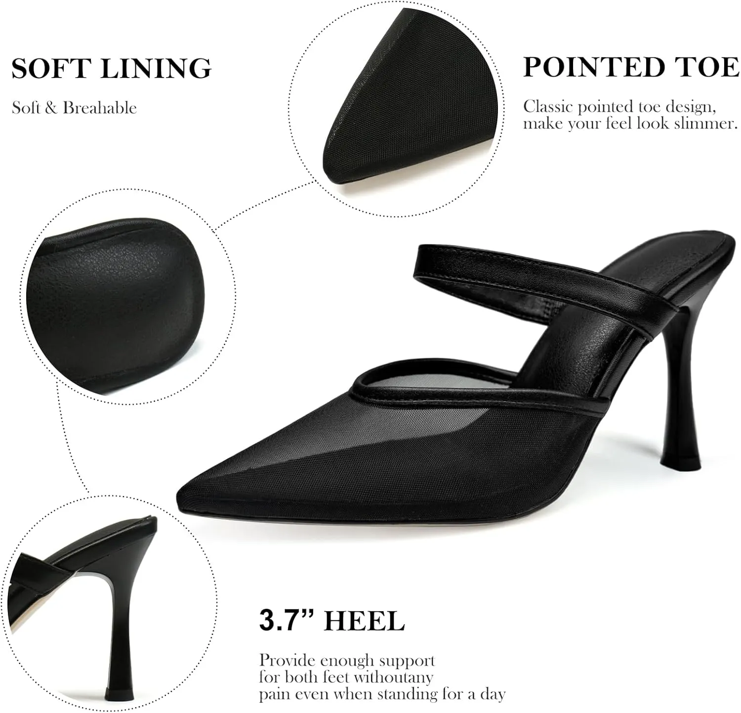 Women's Comfortable Mesh Mule Heels - Pointed Toe, Arch Support & Memory Foam Insole for All-Day Wear