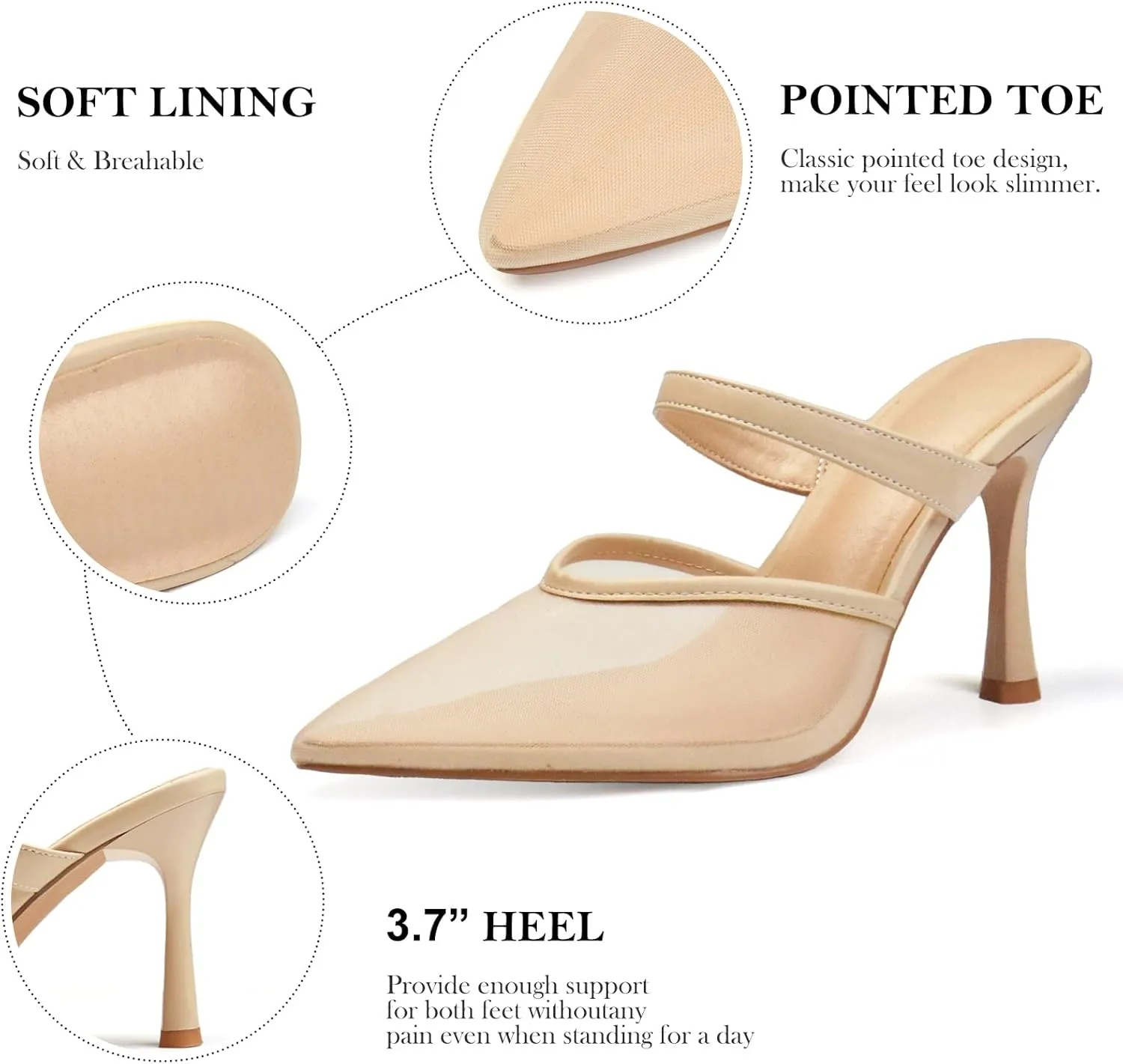 Women's Comfortable Mesh Mule Heels - Pointed Toe, Arch Support & Memory Foam Insole for All-Day Wear