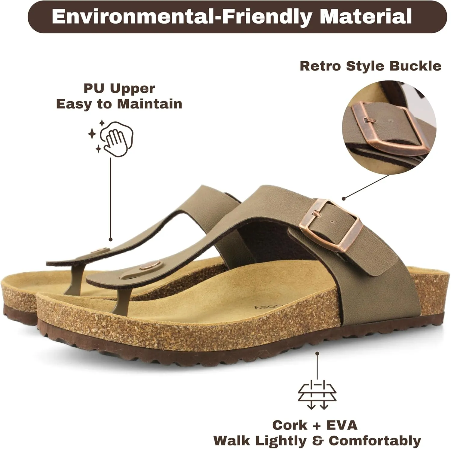 Women's Cork Footbed Flip Flops, Thong Sandals with Adjustable Straps and Arch Support, Open Toe Beach Sandals All-Day Comfort Summer Shoes