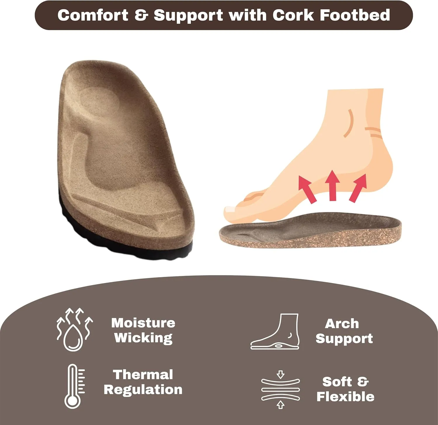 Women's Cork Footbed Flip Flops, Thong Sandals with Adjustable Straps and Arch Support, Open Toe Beach Sandals All-Day Comfort Summer Shoes